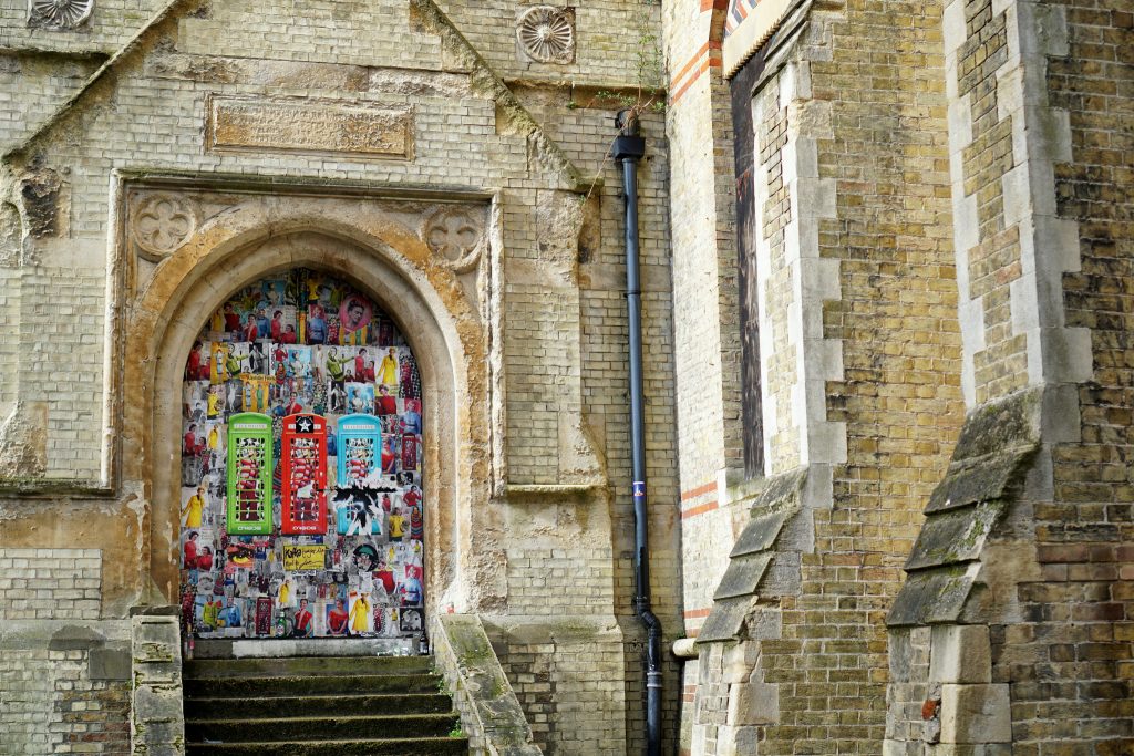 Church with street art on the door