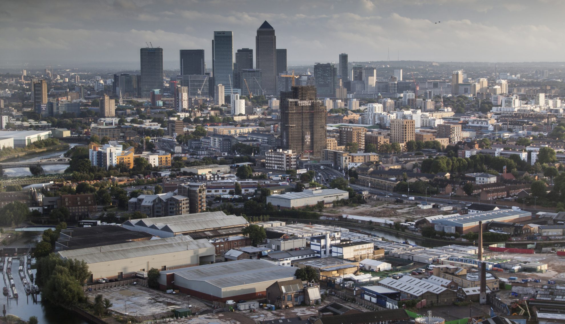 view of canary wharf from stratford halo tower