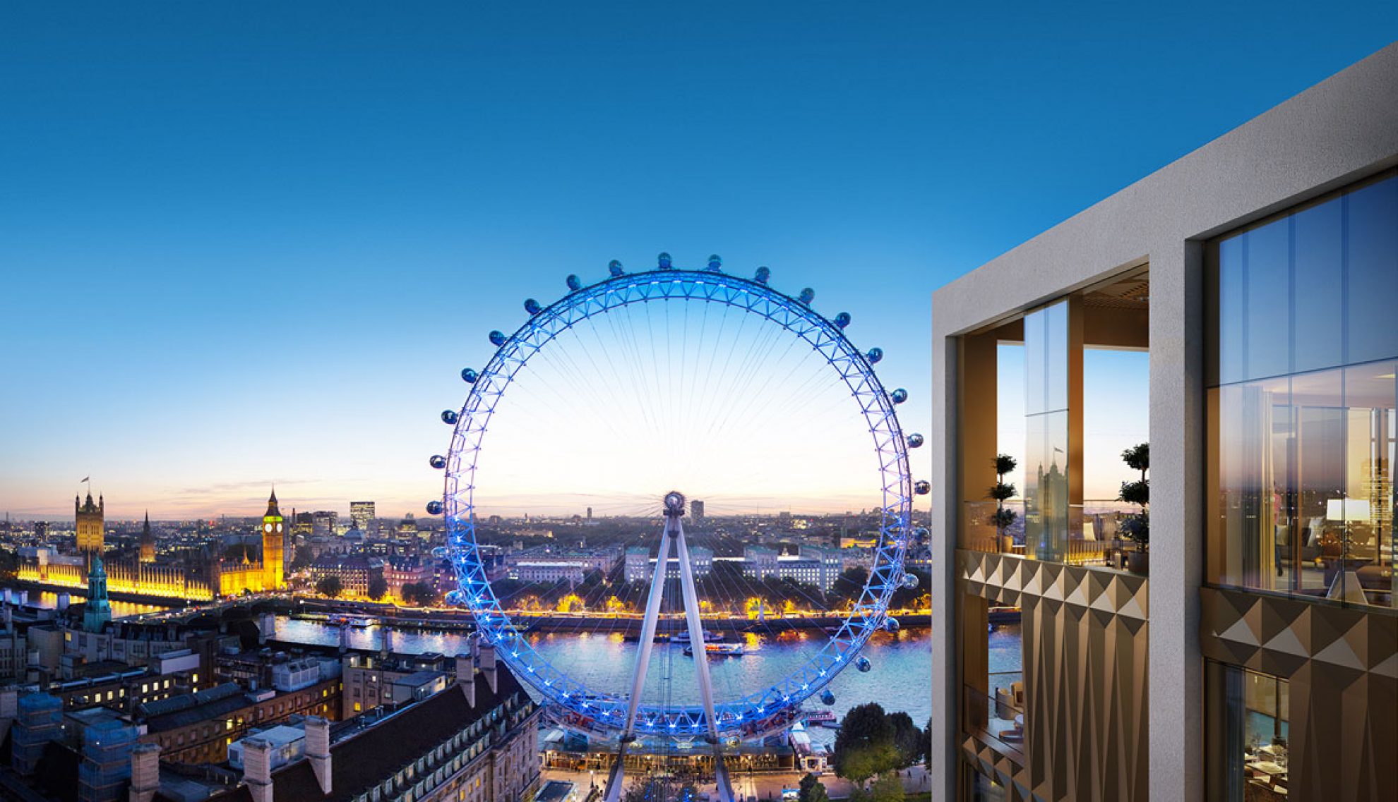 The view from Belvedere Gardens over the London Eye, Westminster and the River Thames