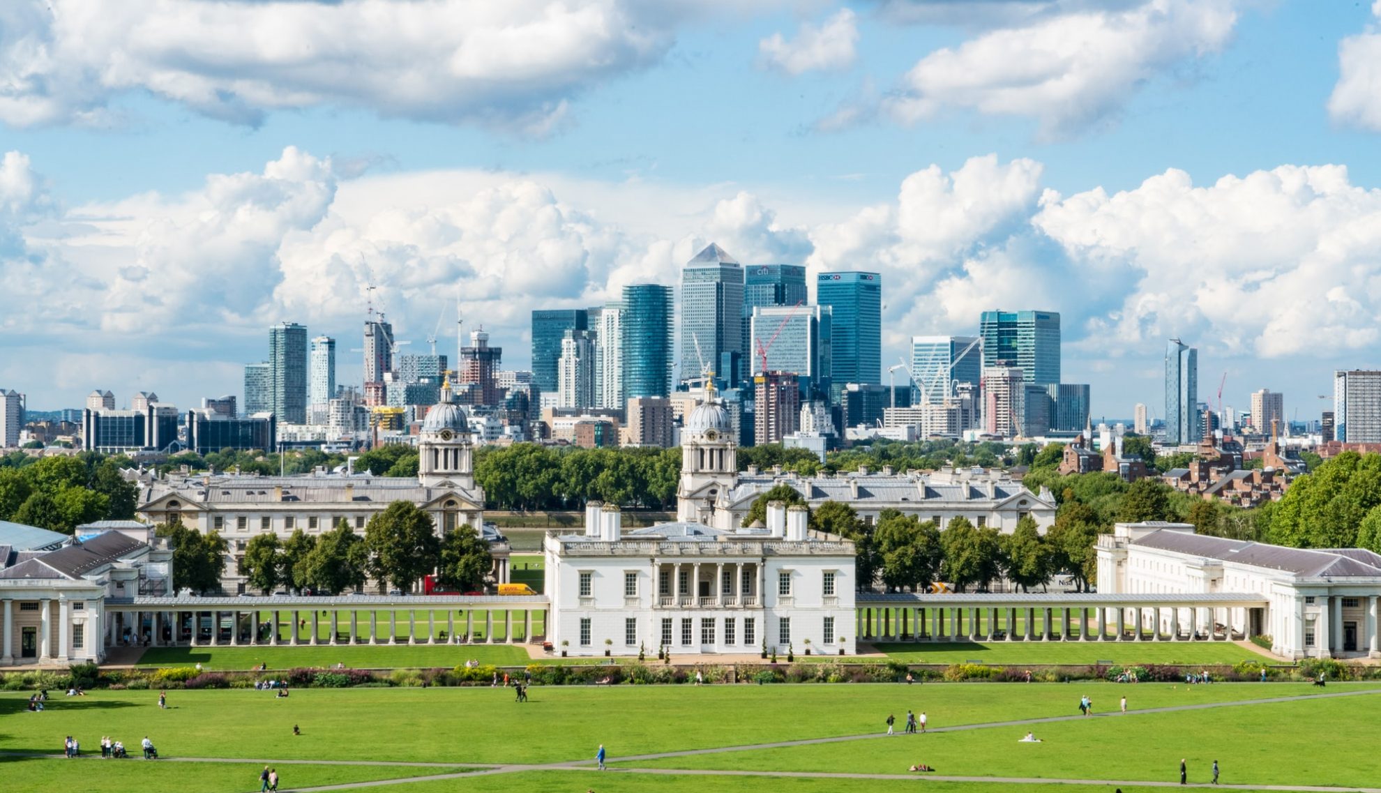 The view north from Greenwich Park across to the Isle of Dogs and Canary Wharf