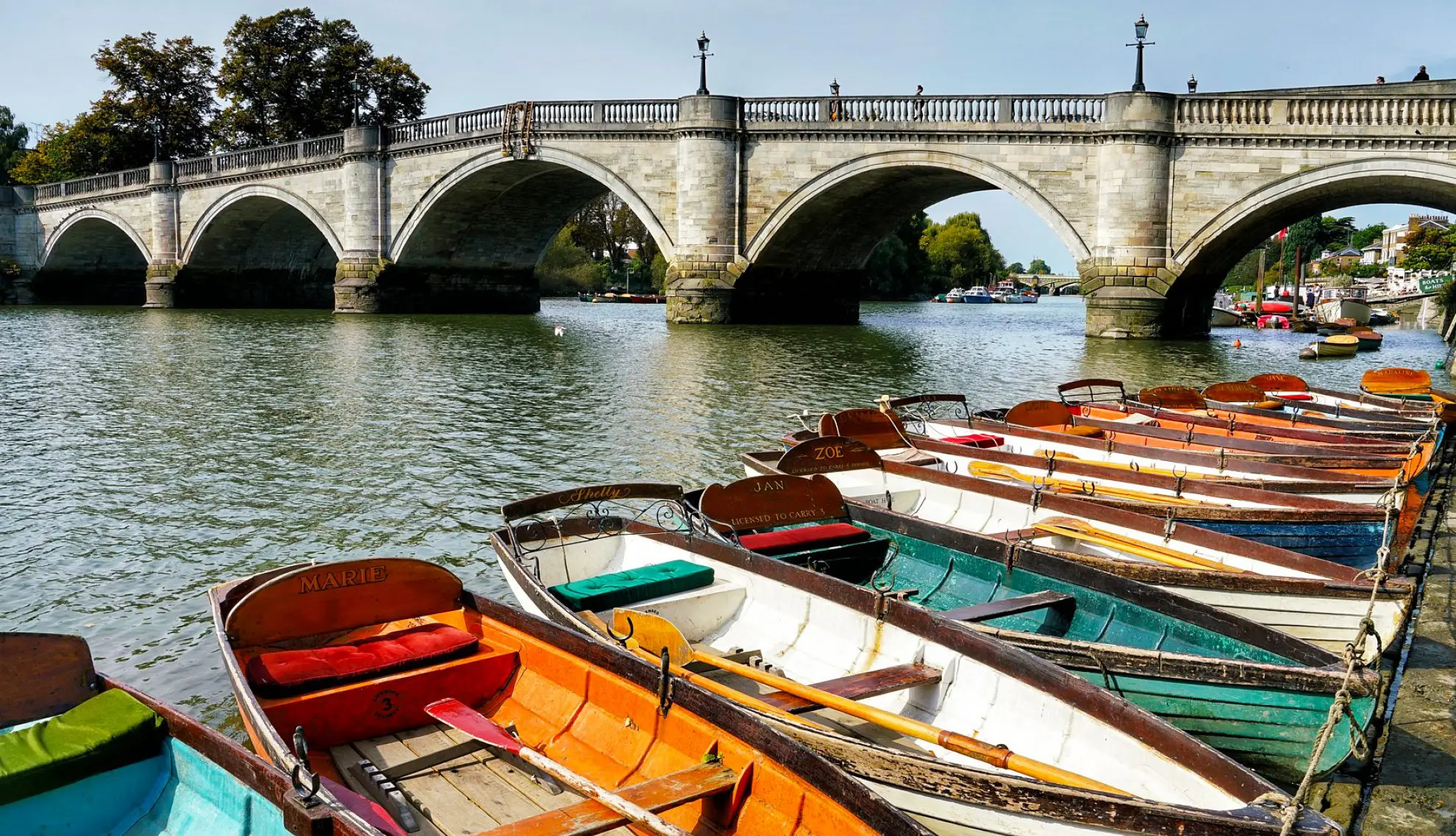 Richmond Bridge with rowing boats in the foreground