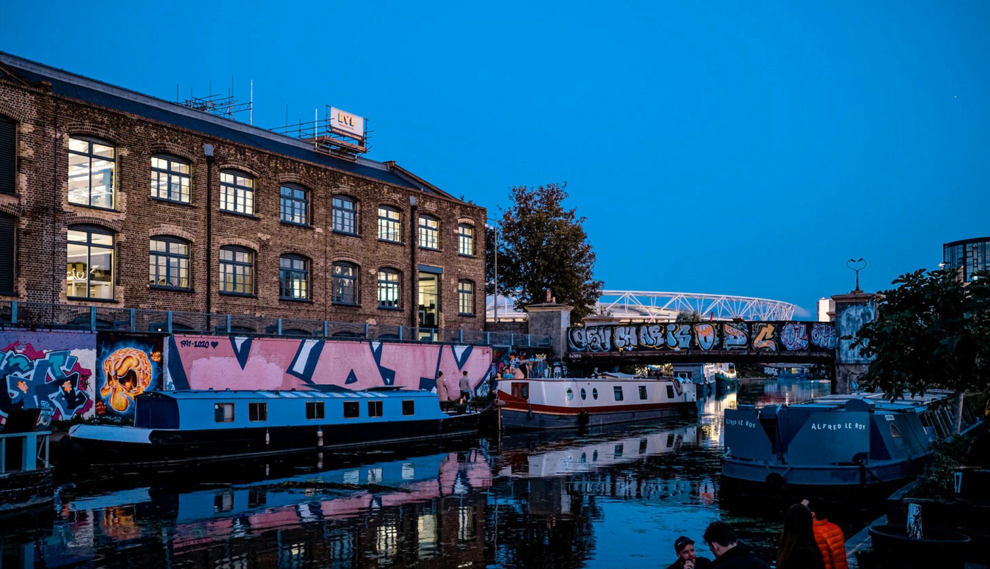 Queen's Yard and canal boats in Hackney Wick, London