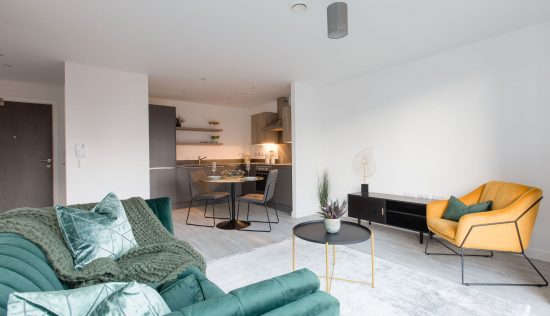 Living area for a one bed flat in the Vox development
