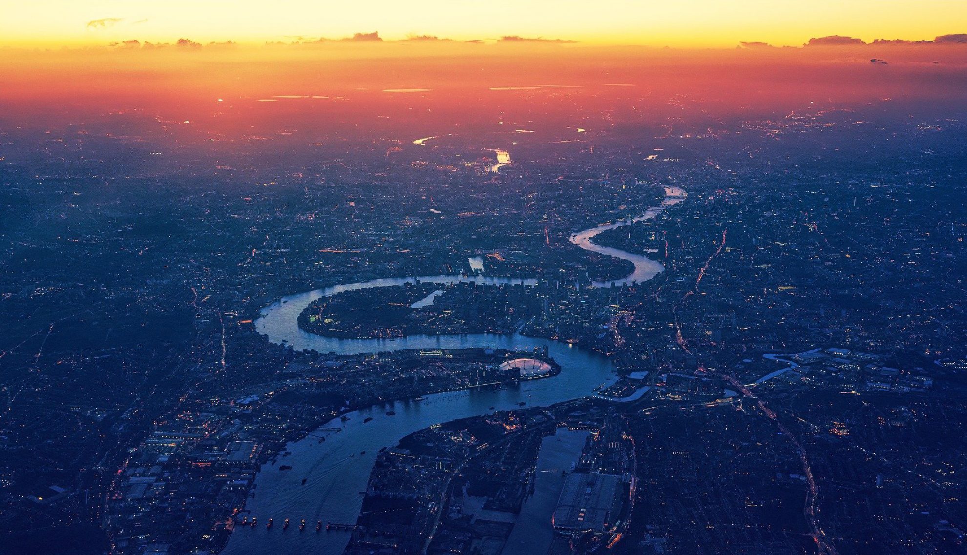 Aerial view over London at sunset