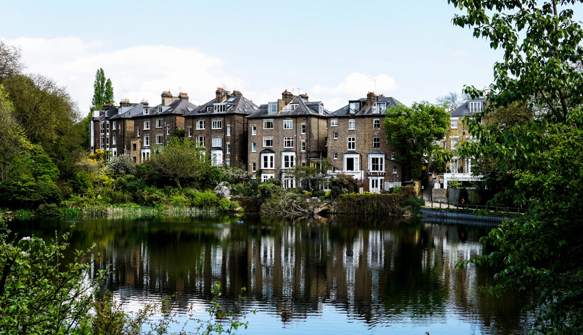 Houses overlooking a pond in Hampstead in the NW3 London postcode