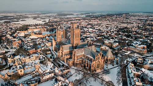 Lincoln Cathedral in the snow, East Midlands