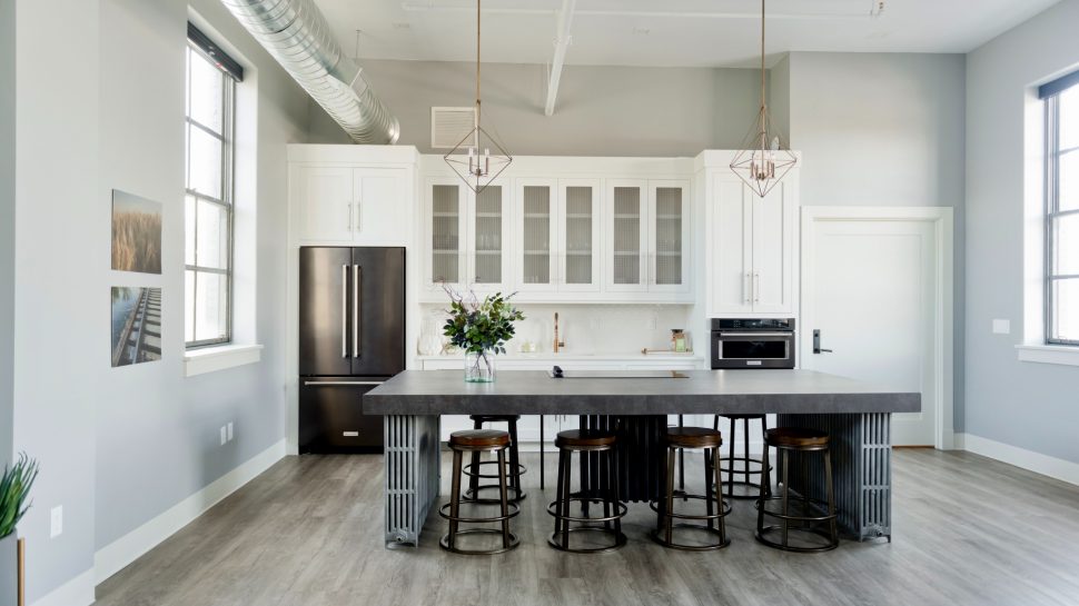 Share of freehold apartment with open plan kitchen and dining room.