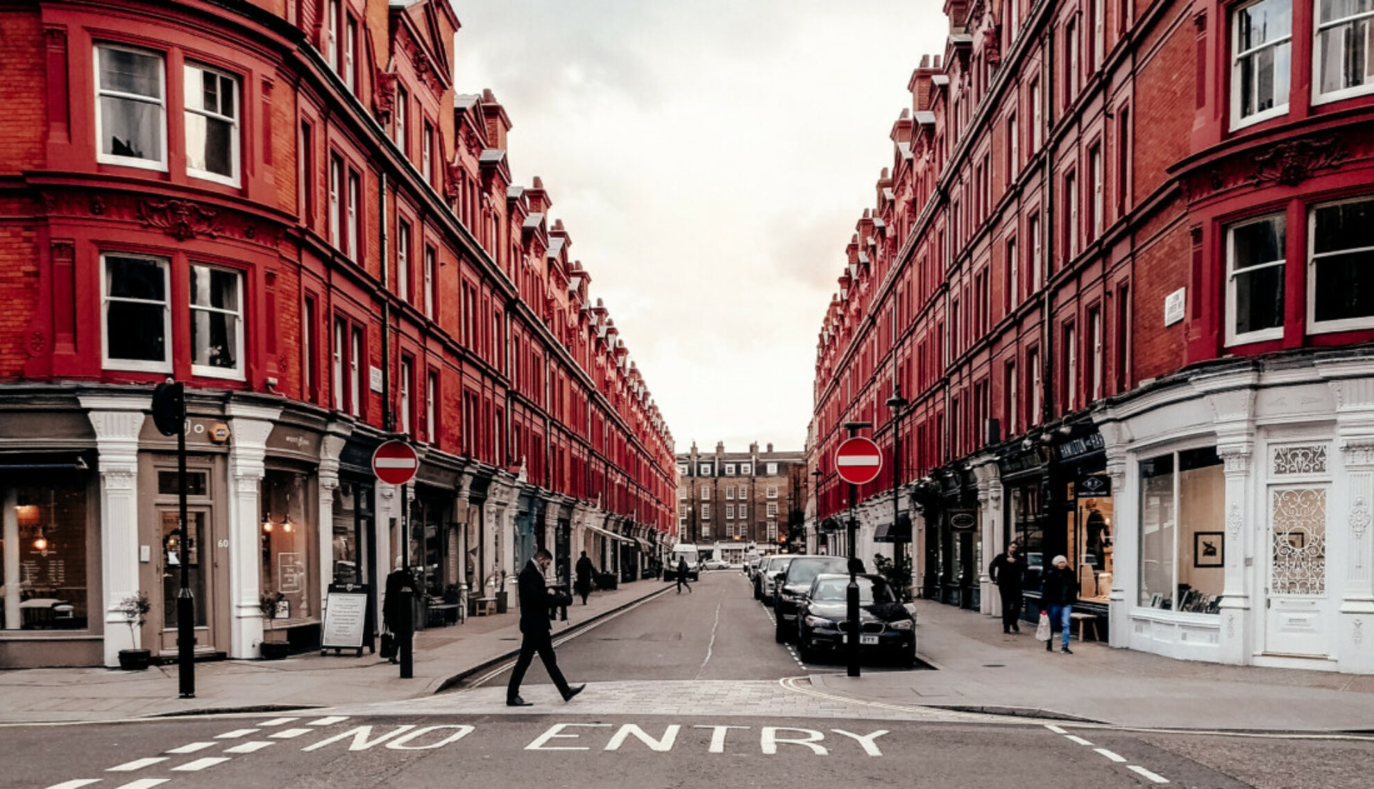 A London street with red buildings