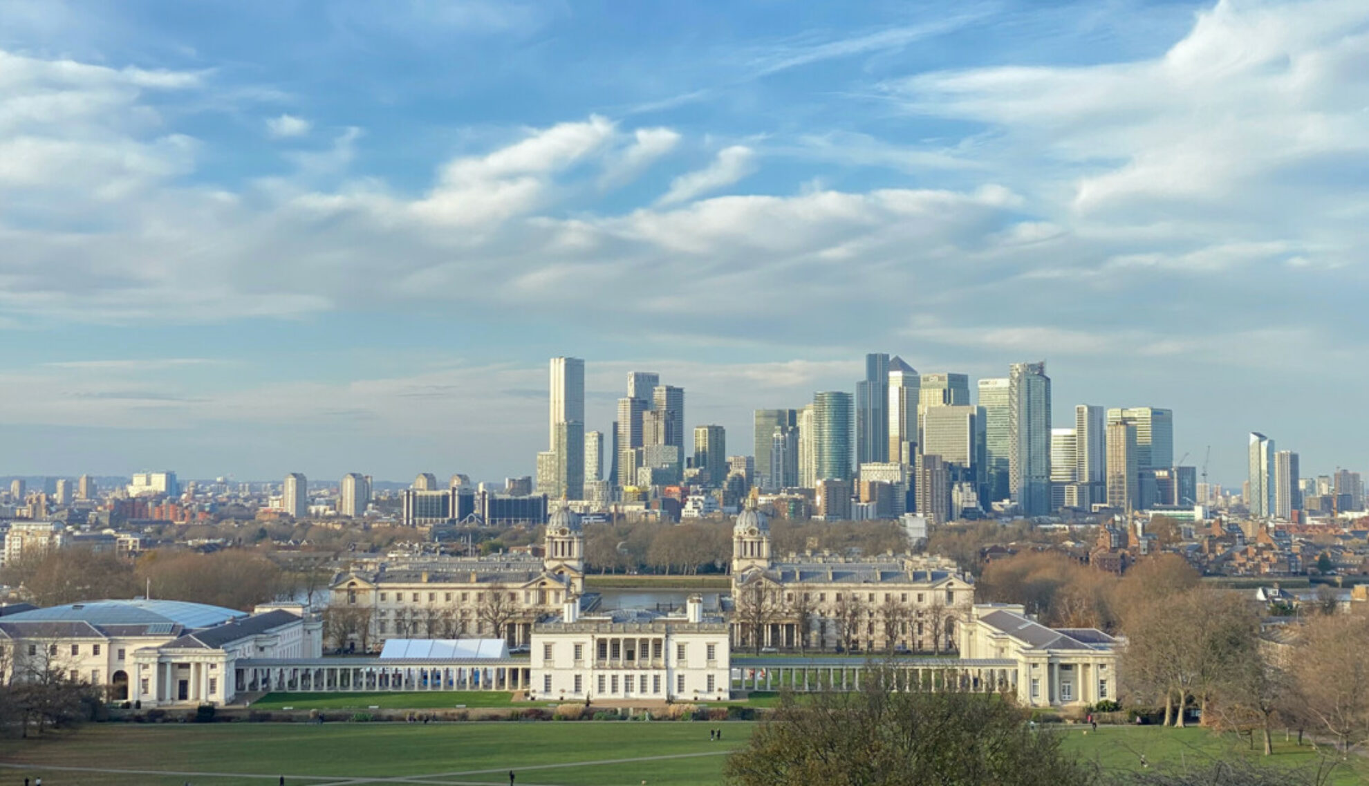 The view across Greenwich Park and the Isle of Dogs
